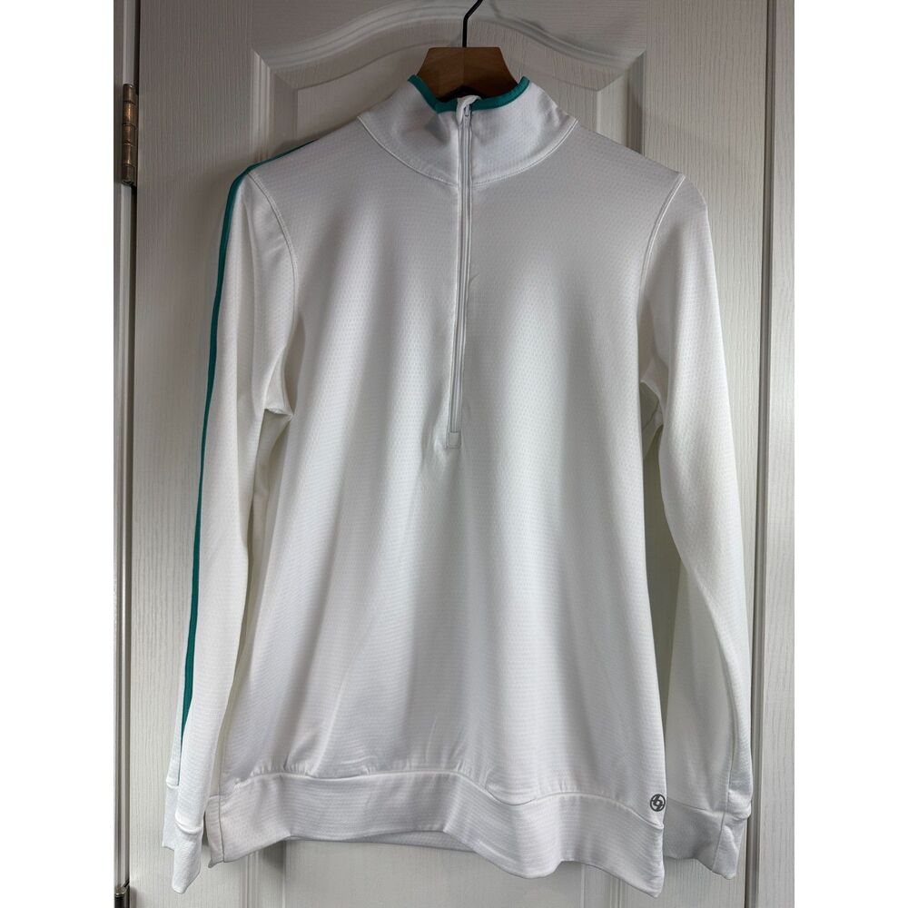 LIJA Women's Long Sleeve 1/4 Zip Pullover Top White Teal Golf Activewear Size L